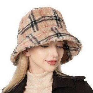 Tartan Plaid Print Faux Fur Camel Fluffy Hat OS
